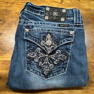Miss Me Womens Bootcut Jeans Dark Wash Embroidered Flap Pocket Blue Denim 34